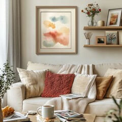 Elegant Living Room With Cozy Decor Featuring Art on the Wall, Comfortable Sofa With Pillows, Plants, and a Warm Atmosphere