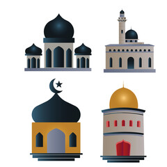Different types of mosque set Islamic decoration prayer place Vector illustration
