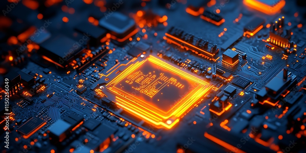 Poster Futuristic Microchip Circuit Board with Glowing Orange Connections : Generative AI