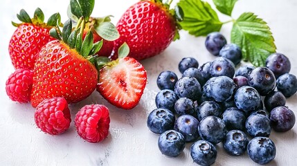 Fresh berries including strawberries, blueberries, and raspberries floating gracefully in the air, ample copy space for text, balanced composition,
