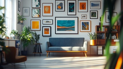 Elegant Living Space with Art Displays and Comfortable Furniture Sunlit and Green : Generative AI