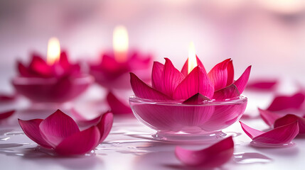 Elegant Floating Aromatherapy Candles with Levitating Lotus Petals on White Background for Spa Serenity and Wellness Concept