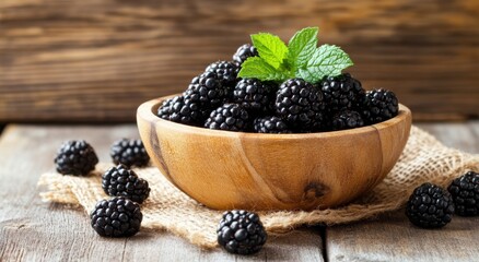 Fresh blackberries in a wooden bowl with mint leaves placed on a rustic wooden table during daytime