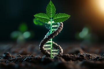 Naklejka premium A DNA strand intertwining with a glowing GMO plant leaf, symbolizing the integration of science and nature