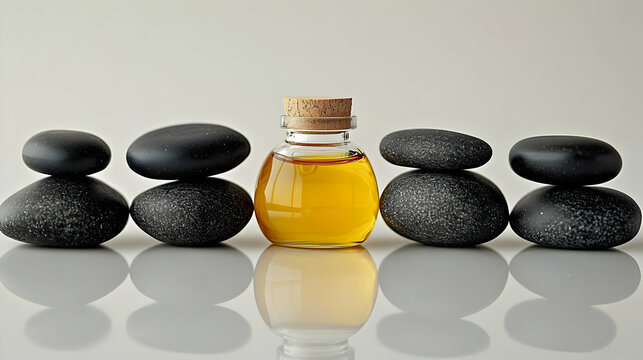 Plain background with massage oils and stones arranged neatly copy space above. concept as Clean plain background showcasing massage oils and smooth stones arranged neatly representing therapy and rej
