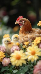 Hen and chicks nestled in colorful flowers.