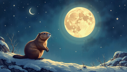 Groundhog gazing at the full moon in a snowy night landscape under a starry sky