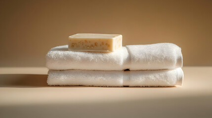 Minimalist Beige Background with Folded White Towel and Soap Bar for Cleanliness and Caregiving Concept