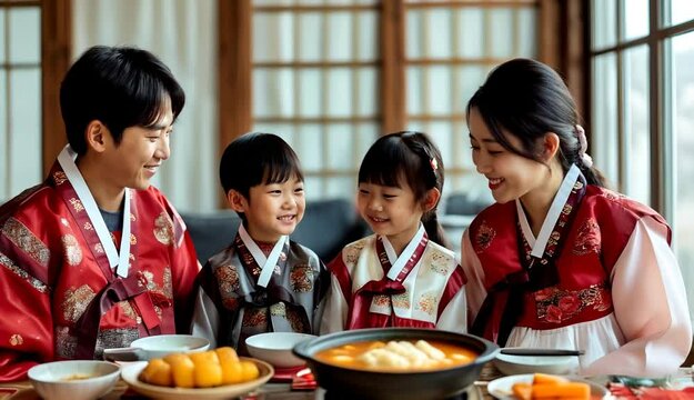 A family gathering around a table in hanbok, sharing tteokguk (rice cake soup) and performing the traditional bow (세배, sebae) during Korean New Year.