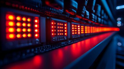 Macro Shot Secure Server Hardware Illuminated Indicators Futuristic Data Center Copy Space Branding