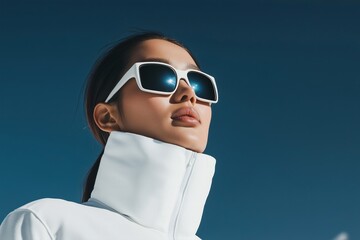 Asian woman wering all white ski attire with sleek ski glasses, mountains in background