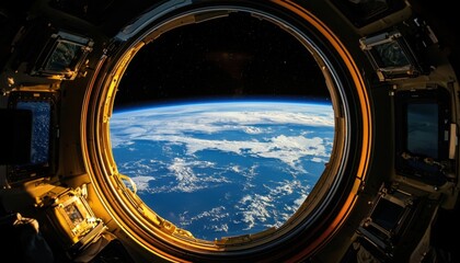 Fototapeta premium Breathtaking sights observed through the space station's window. 