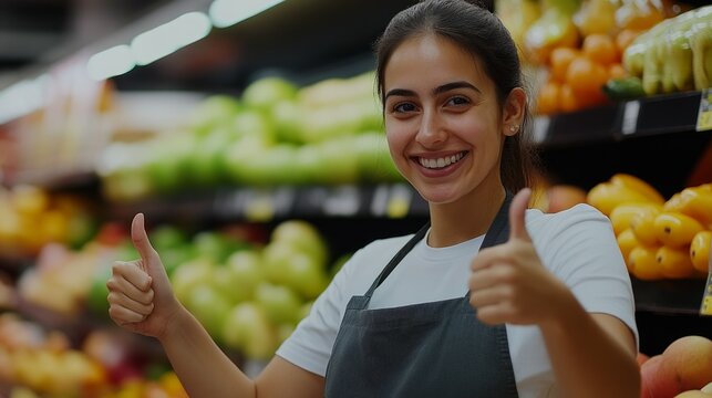 Smiling female supermarket fruit section worker looking at the camera with her thumb up 