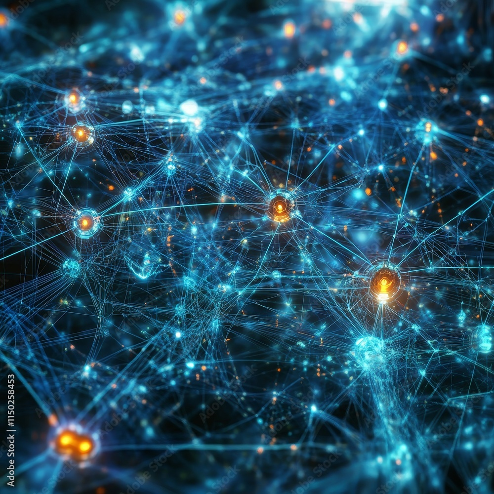 Poster exploring the intricate connections of a digital network with glowing nodes and vibrant lines, illus