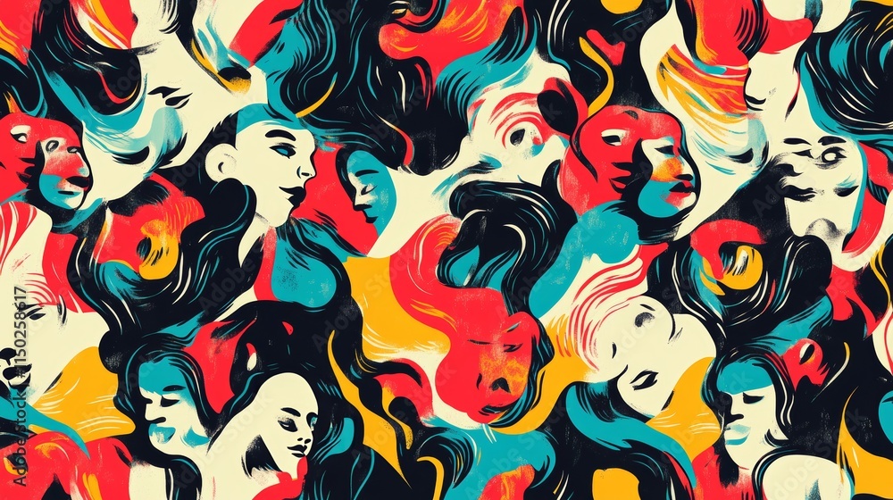 Poster vibrant artistic pattern featuring abstract faces and colorful swirls, showcasing unique styles and 