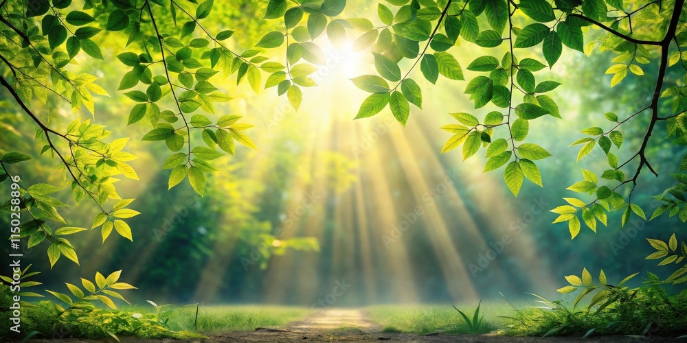 Poster Sunbeams Filtering Through Lush Spring Foliage Creating a Serene Path