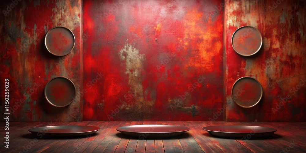 Poster rustic red wall background with dark metal circular trays and display platforms