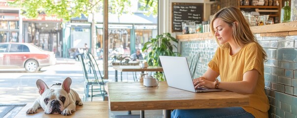 Per friendly restaurant. A woman works on a laptop in a cafe with a dog resting nearby.