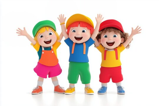 A group of three children, smiling and waving, in colorful outfits, isolated on a white background. 
