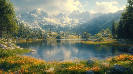 Serene alpine lake, wildflowers, majestic mountains.