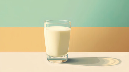 A glass of milk against a minimal pastel colors background