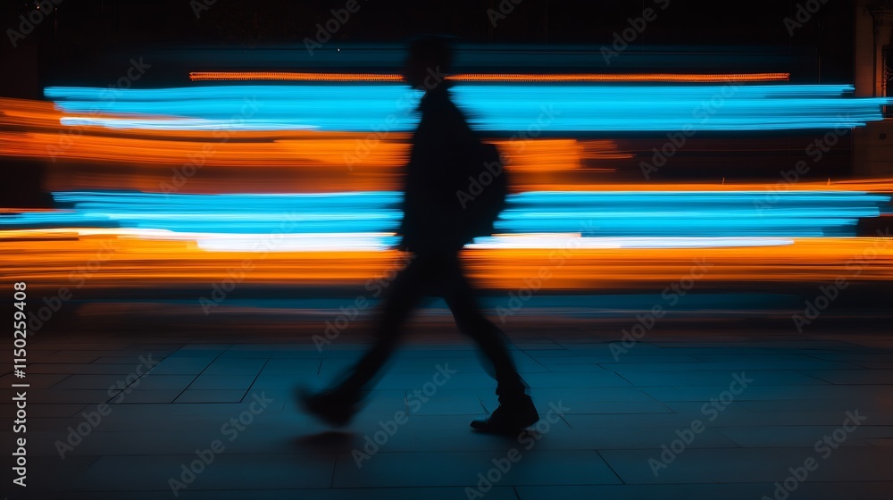 Poster silhouette of a walking figure in a fast-moving neon city nightscape : generative ai