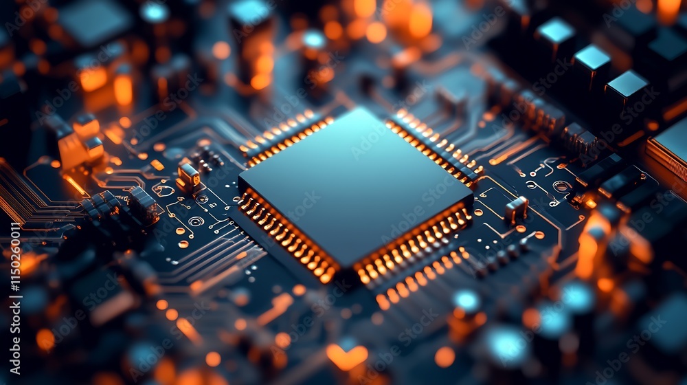 Poster Innovative Circuit Design Featuring a Central Microprocessor and Glowing Blue Pathways : Generative AI