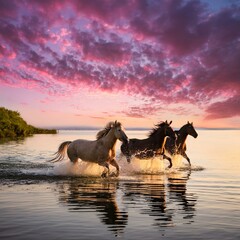 Generated image An image of three horses running in the water amidst a beautiful sky and pink clouds