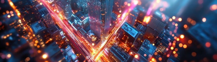 Fototapeta premium Futuristic Cityscape Aerial Night View of Illuminated Skyscrapers and Traffic