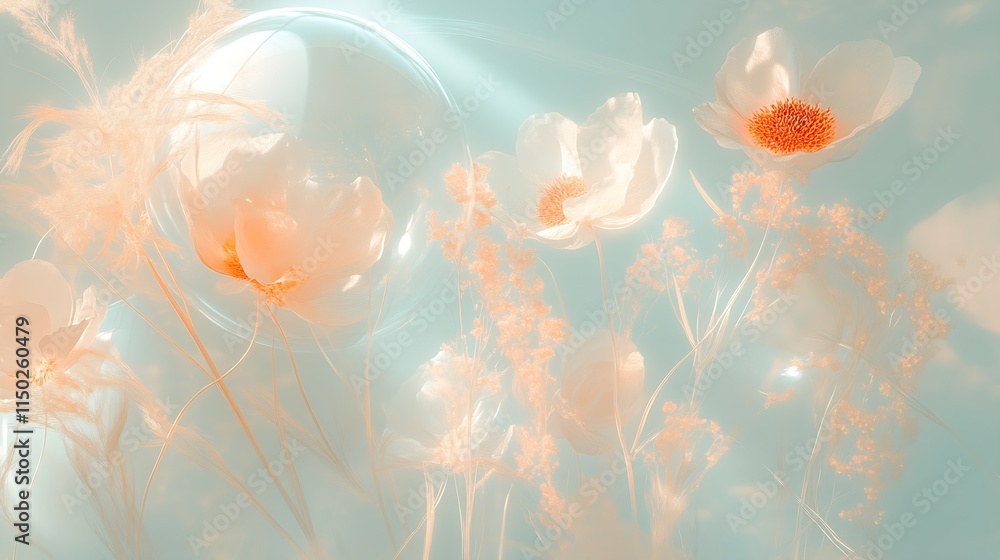 Aufkleber ethereal dreamy flowers in soft pastel tones with a modern abstract design : generative ai