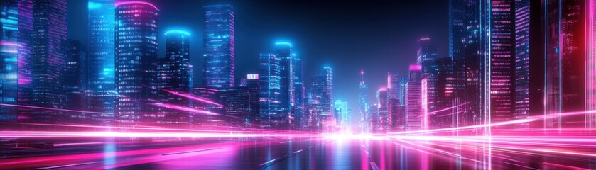 Fototapeta premium Neon Cityscape Futuristic Night Highway with Glowing Buildings