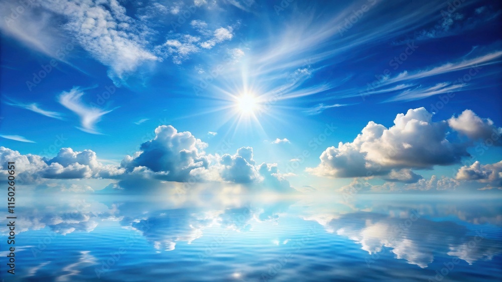 Poster serene sunset reflection sunbeams illuminate a calm ocean with puffy clouds and a vibrant sky