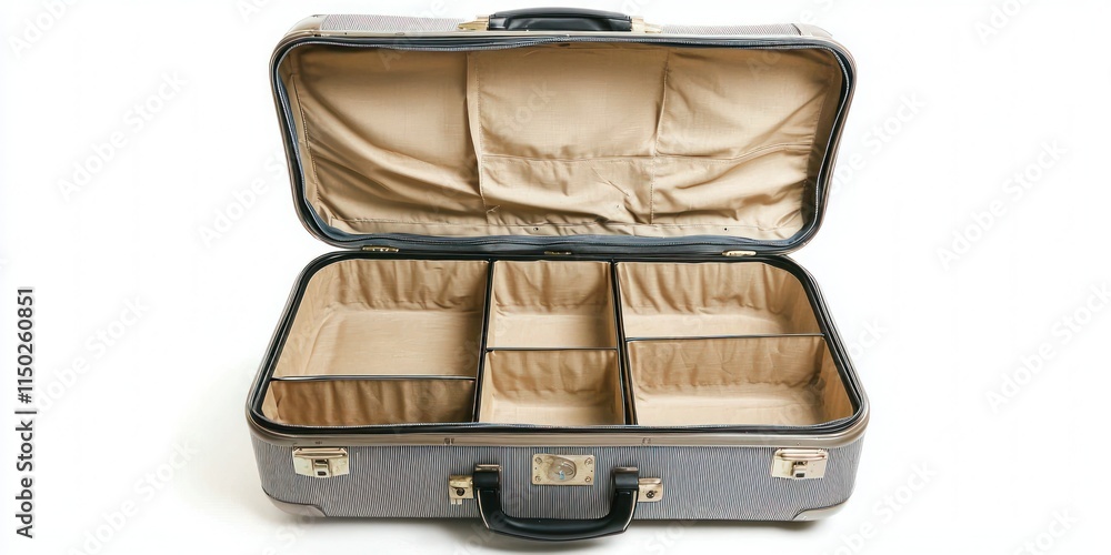 Poster open empty suitcase with compartments visible on a white background - clean and ready.