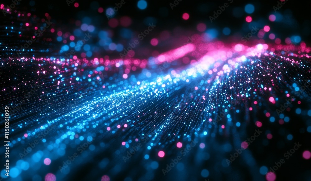 Poster colorful light trails create a mesmerizing abstract pattern in a digital space filled with glowing p
