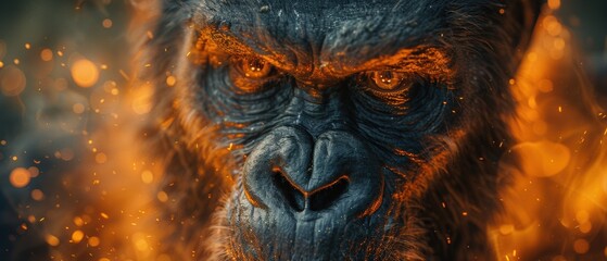 Powerful Gorilla Portrait Fiery Close Up Intense Gaze Primate Wildlife Nature 8K HD