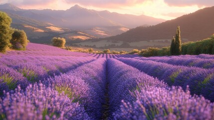 Vibrant lavender field at sunset, rolling hills and mountains in background.