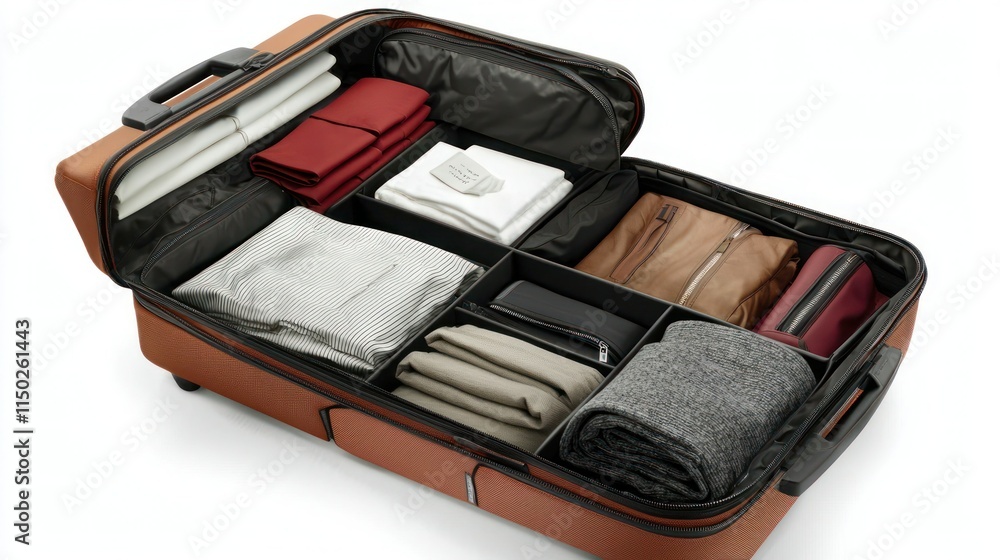 Poster open suitcase with folded items and travel essentials on a white background - neat and organized.