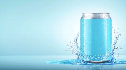 Drink can with glossy surface and a wave of water splashes arching around it, ample copy space for text, balanced composition,