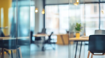 Modern Office Interior With Glass Partitions, Workspaces, and Vibrant Natural Light in a Collaborative Environment