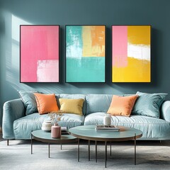 Modern Living Room Featuring Abstract Art, Pastel Colors, and Cozy Furnishings in a Bright and Inviting Atmosphere