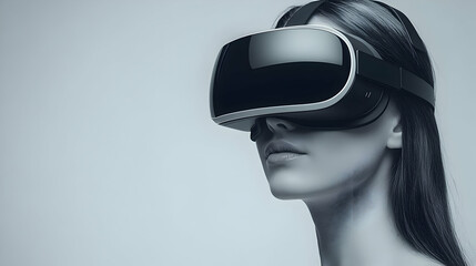 Professional Woman Wearing VR Headset on Plain Background with Copy Space for Advertising