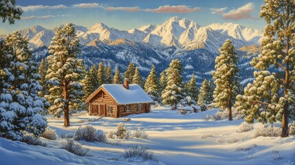 Serene Winter Cabin Surrounded by Majestic Snow-Capped Mountains and Lush Pine Trees Under a Bright Blue Sky