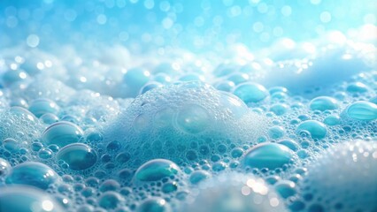 Close-up view of light blue soapy bubbles, showcasing a textured surface with varying bubble sizes and a bright, airy background.