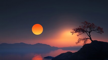 Obraz premium Serene Sunset Landscape - Tranquil sunset scene, lone tree, calm water, vibrant sun, misty mountains. Symbolizing peace, solitude, nature, hope, and serenity.