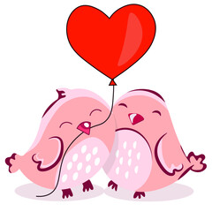 two pink birds with a heart-shaped balloon on a rope