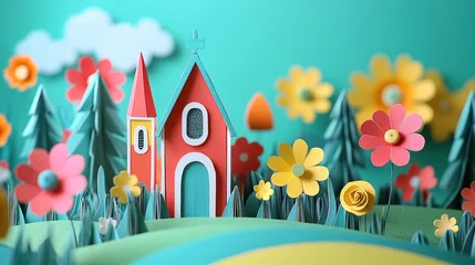 Gordijnen Colorful Paper Landscape with Flowers and Church © Watasiwa
