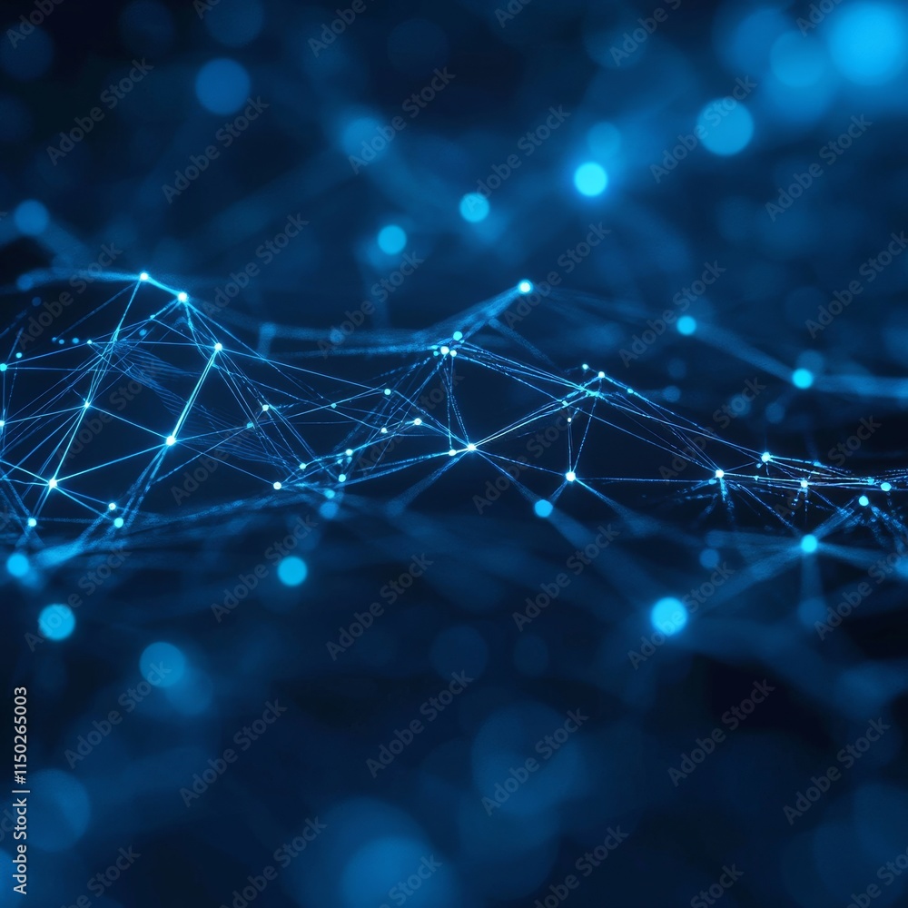 Poster exploring abstract blue network connections in a digital landscape with glowing lines and dots illus