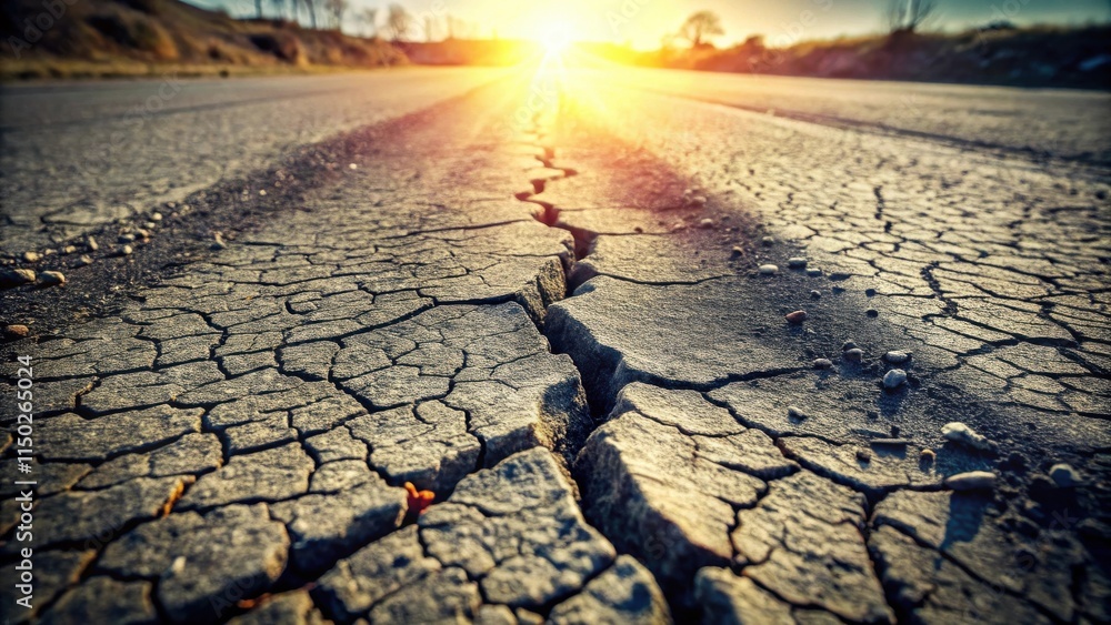 Poster cracked asphalt road surface at sunset a close-up view of distressed pavement showing extensive crac
