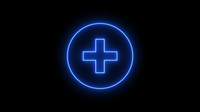 Abstract glowing neon medical cross icon animation on black background. Neon plus sign icon.Abstract plus text glowing neon effects.