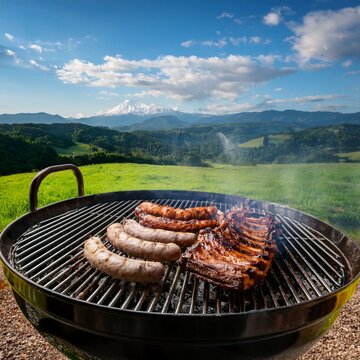 Generated image Argentinian asado grill filled with an assortment of meats, embers glowing parilla
